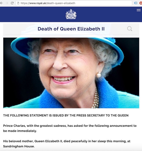 С сайта королевской семьи пропал материал о смерти Елизаветы II